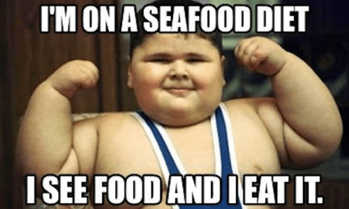 A meme about a guy eating too much food as a diet